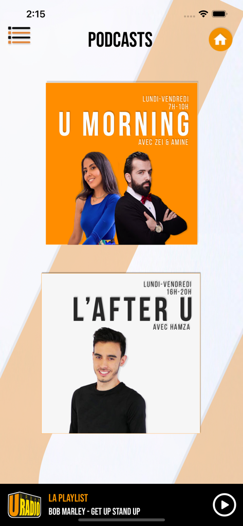 U Radio - Écran des podcasts de l'application U Radio montrant les animateurs des émissions du matin et de l'après-midi