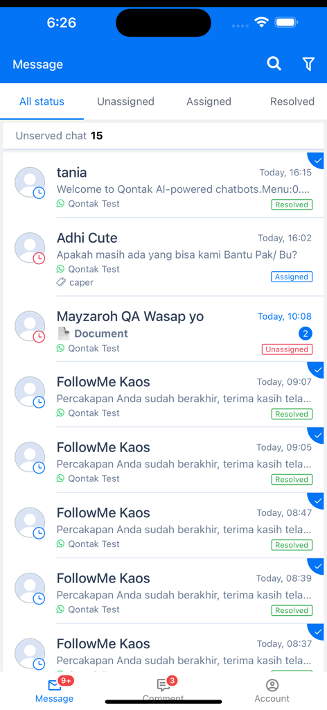 Mobile interface of Qontak Chat showing categorized customer messages with status labels like resolved and unassigned