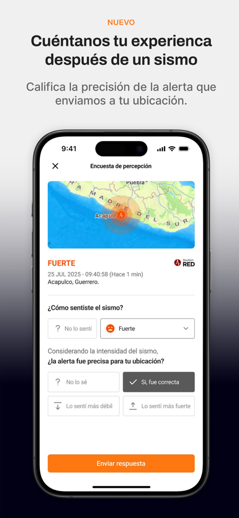 SkyAlert mobile app perception survey screen asking user for feedback on earthquake alert accuracy