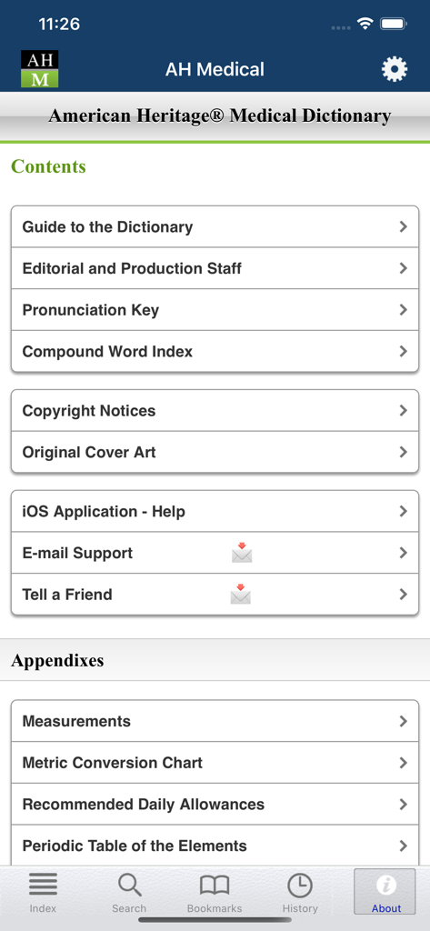 American Heritage® Medical - The contents and appendixes screen of the American Heritage Medical app.