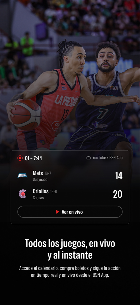 Baloncesto Superior Nacional - Live basketball game scores and streaming interface on the BSN mobile app
