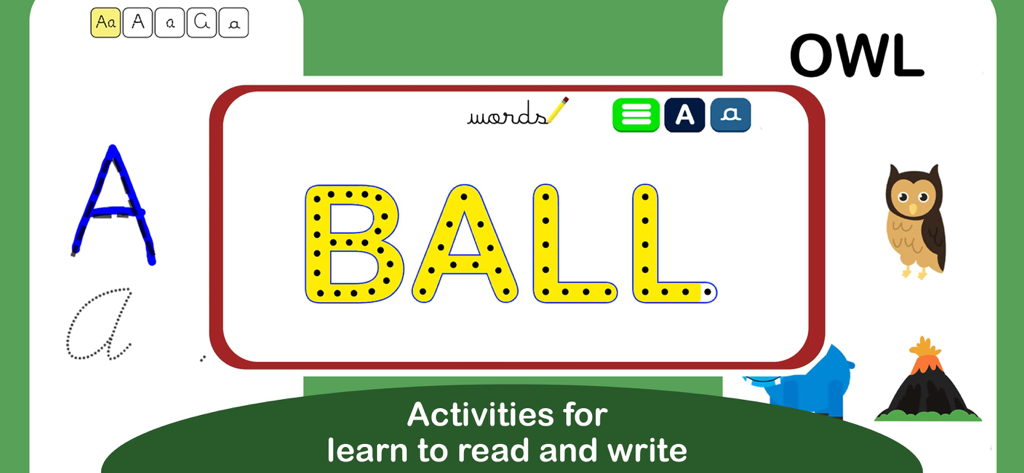 Attività educativa di tracciamento delle parole nell'app Read and Count PRO per imparare a leggere e scrivere