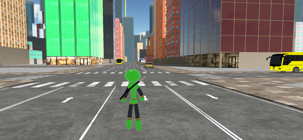 Um super-herói stickman verde em pé em uma rua da cidade com arranha-céus e um ônibus amarelo ao fundo