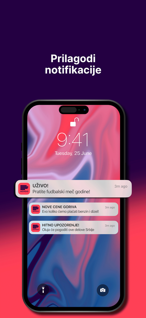 Mondo - A smartphone lock screen showing multiple notifications from the Mondo news app in Serbian