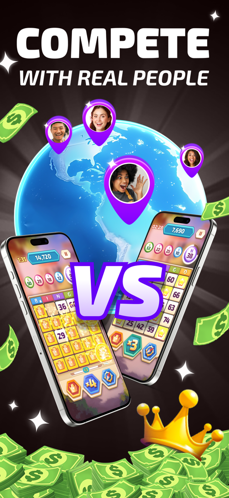 Cash Legends™: Win Real Money - Dois telefones mostrando jogabilidade competitiva de bingo com o texto Compita com Pessoas Reais