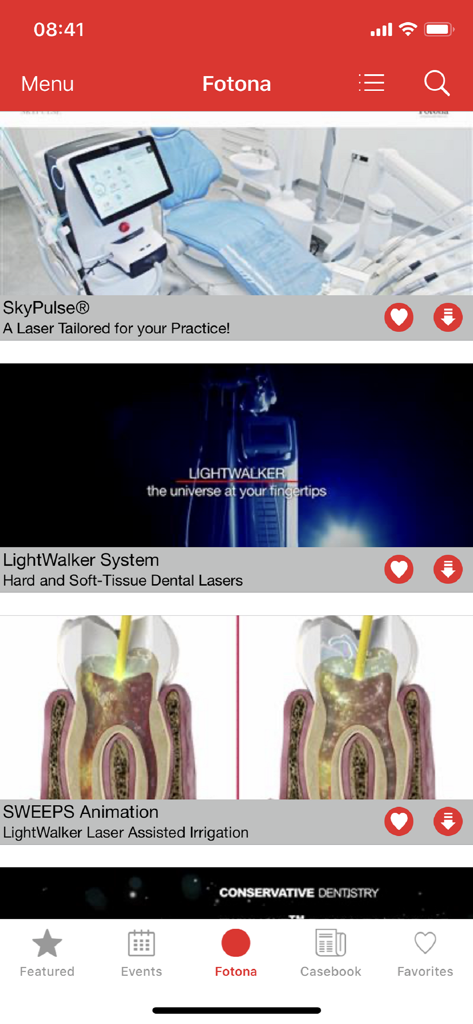 Fotona - Fotonaアプリのインターフェース。歯科治療のための医療レーザーシステムと臨床アニメーションを表示しています。