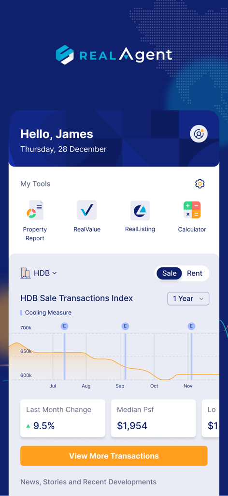 Painel do aplicativo RealAgent exibindo tendências de mercado imobiliário e ferramentas de análise de investimento