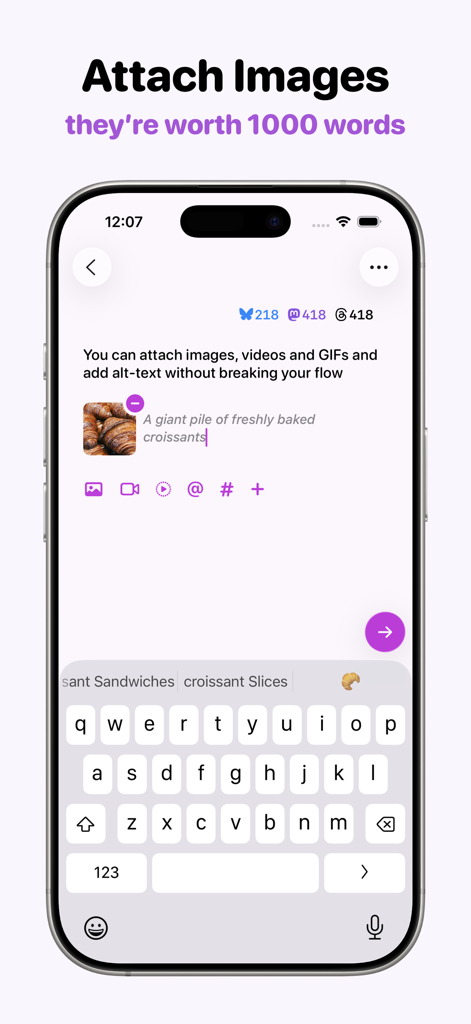 Croissant - Cross-Posting - Croissant app interface showing image attachment and alt-text for social media posts