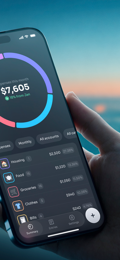 Quanto: Expense Tracker - Smartphone displaying the Quanto app summary dashboard with a monthly expense breakdown and category spending list in a minimalist dark mode interface.