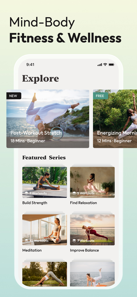 Yoga Fit | Yoga for Beginners - Yoga Fit app explore screen showing featured yoga series for strength relaxation meditation and balance