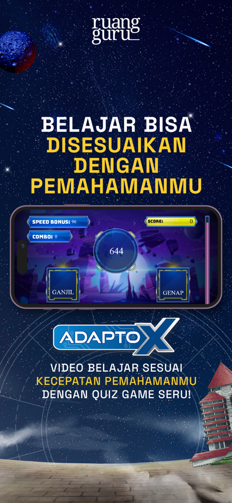 Ruangguru – App Belajar No.1 - Ruangguru app screen displaying the AdaptoX adaptive learning feature with a space-themed math quiz game