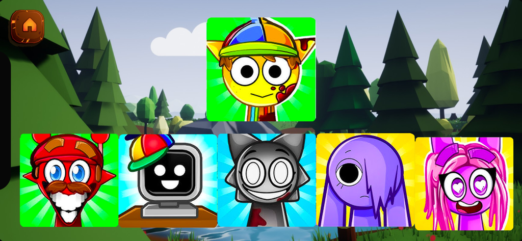 A variety of colorful Sprunki Game character icons on a screen with a forest background