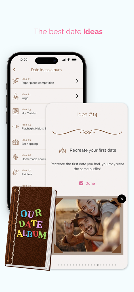 Duo: Game for couples - A mobile interface showing a list of creative date night ideas and a personalized date album for couples
