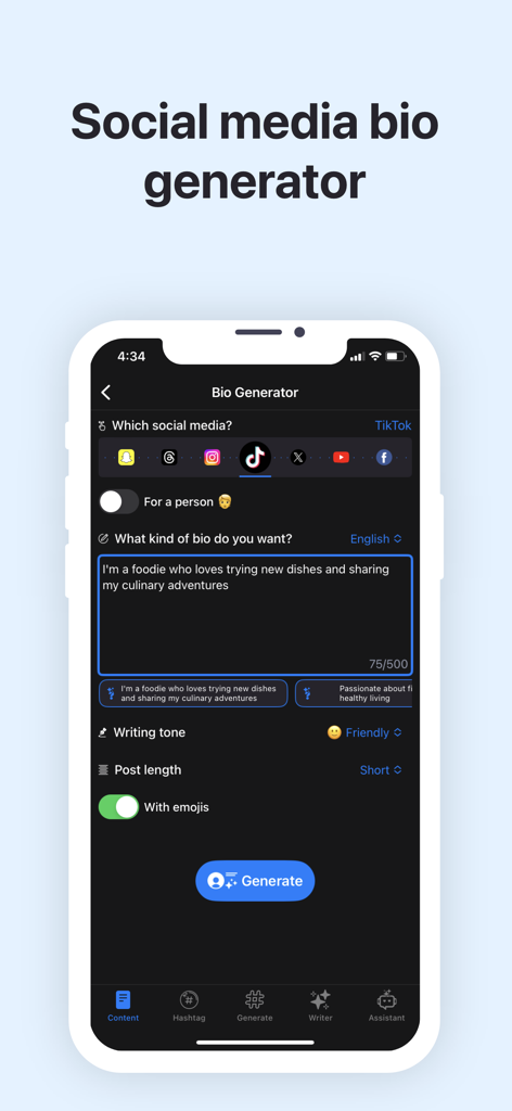 Hashtag Smart: AI Like Booster - Interfaz de una app generadora de biografías para redes sociales que muestra opciones para crear una biografía impulsada por IA para TikTok o Instagram.