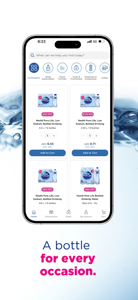 Nestle Waters mobile app screen showing various bottled water products and subscription categories with an Add to Cart button