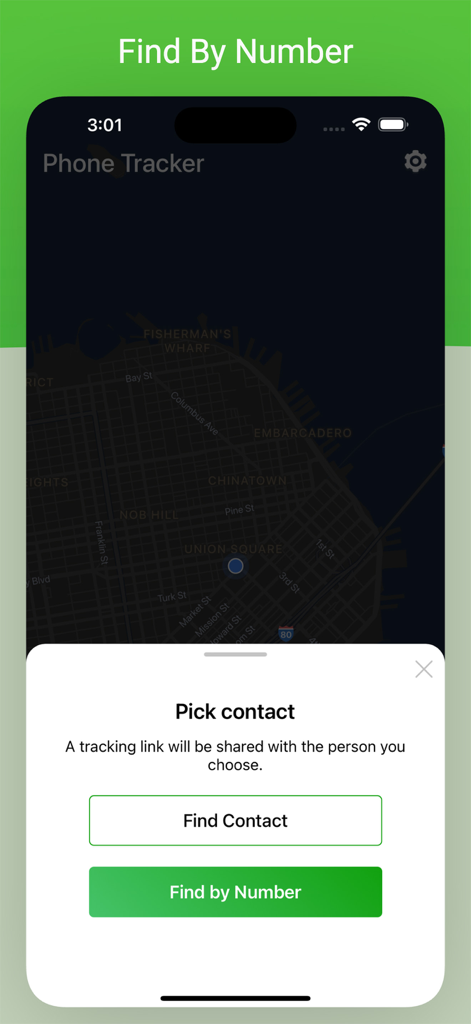 Phone Tracker: Find Location - Phone Tracker app interface showing options to pick a contact or find a location by phone number over a map.