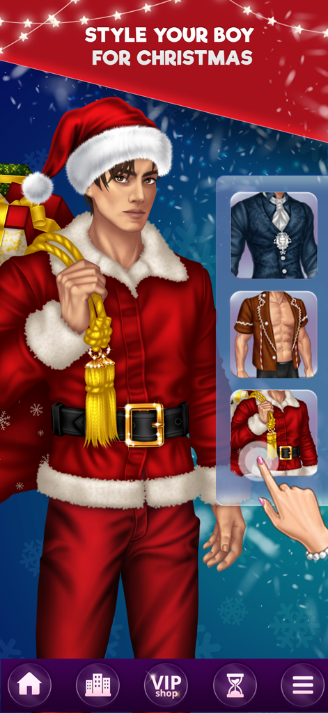 Un personaggio maschile viene vestito con un costume da Babbo Natale e altri abiti festivi nel gioco mobile Lady Popular Style Battle.