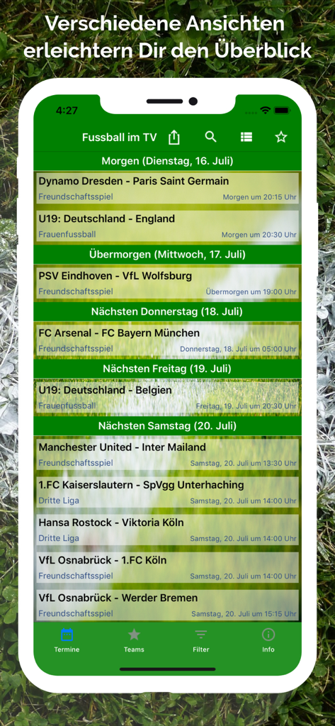 Fussball im TV live - Fussball im TVモバイルアプリインターフェースでの今後のライブサッカー試合のリスト