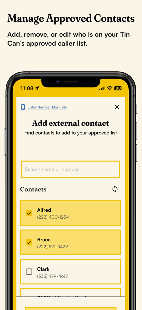 Tin Can - Companion App - Screen interface of the Tin Can companion app for managing a childs approved contact list.