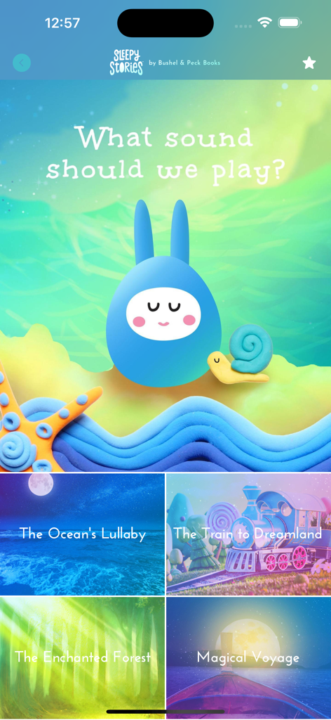 Sleepy Stories - Interfaz de la aplicación Sleepy Stories que muestra opciones de sonido para dormir, incluidos temas de océano y bosque.
