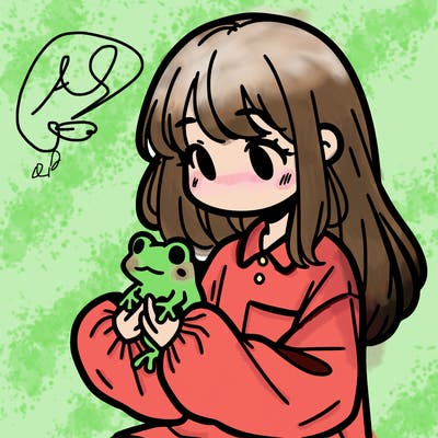 girl with long hair and a oversized shirt. and she is holding a frog