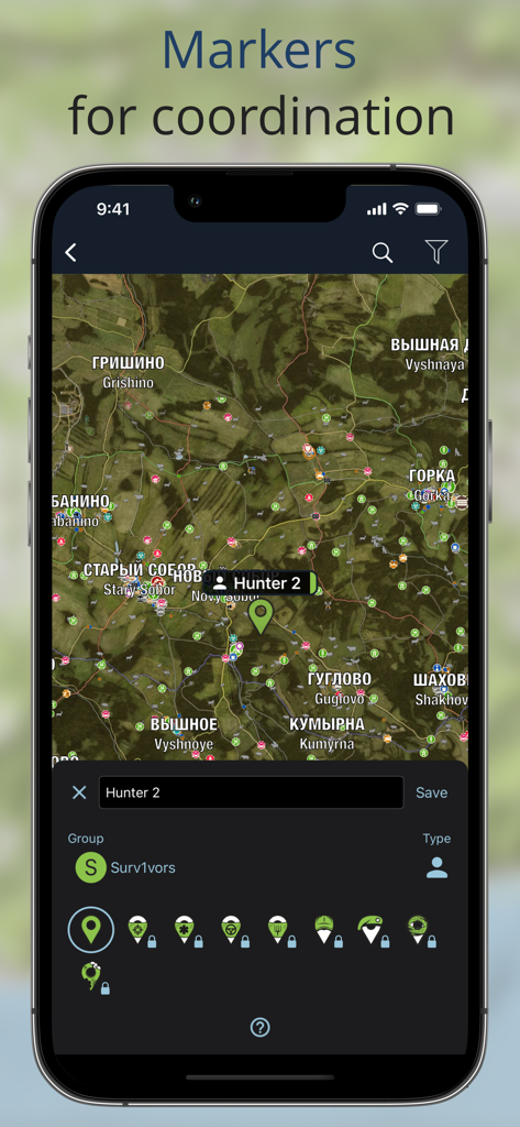 iZurvive - DayZ Maps - Vista de mapa en iZurvive mostrando marcadores compartidos para la coordinación de jugadores