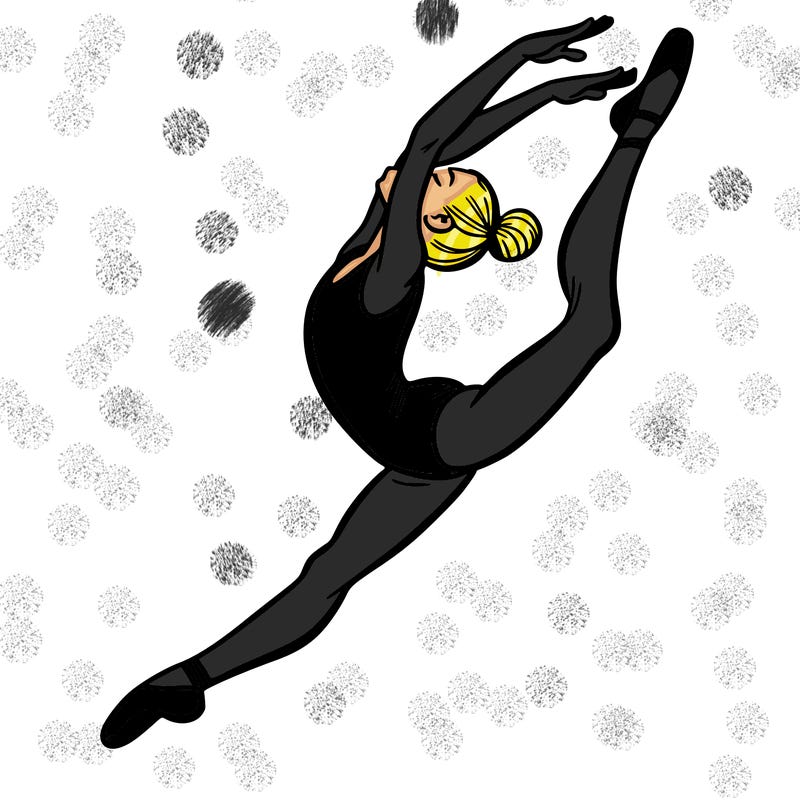 gymnast doing a leap in a leotard with a bent back leg