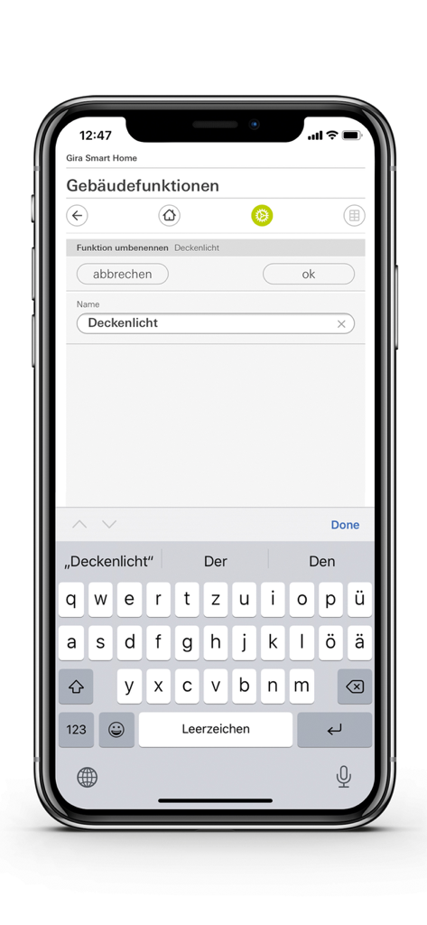 Interface of the Gira Smart Home app showing the screen for renaming a building function like ceiling light