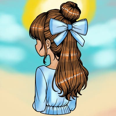 realistic girl  with hip length hair a bun and a big bow on the back of head