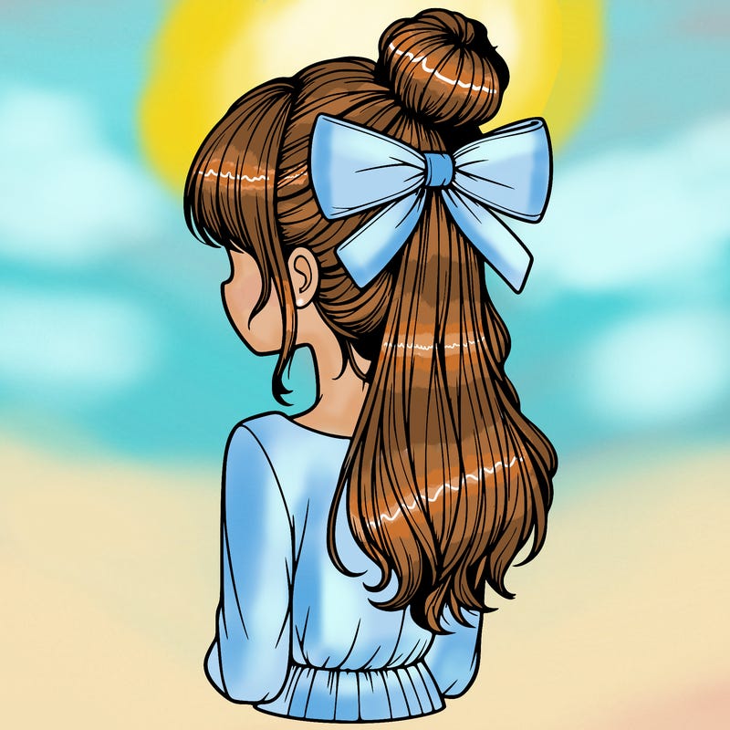 realistic girl  with hip length hair a bun and a big bow on the back of head
