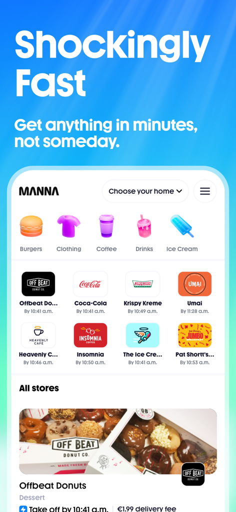 Manna Air Delivery mobile app interface showing categories like burgers and coffee with estimated drone delivery times from local stores