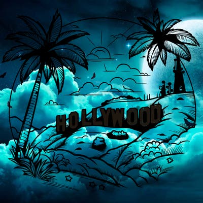 realistic pretty hollywood sign on mountain with palm trees