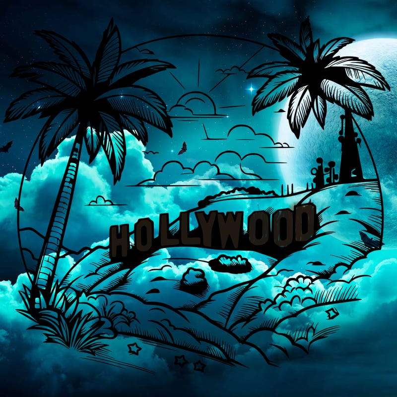 realistic pretty hollywood sign on mountain with palm trees