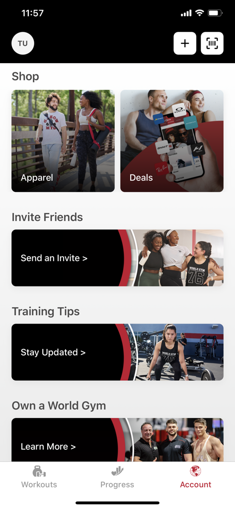 A página da conta do aplicativo World Gym com opções de loja, dicas de treinamento e recursos sociais