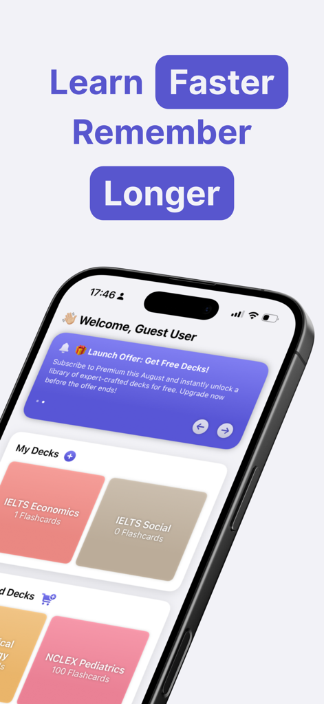 MemoraX: AI Flashcard Maker - MemoraX app home screen showing study decks for IELTS and NCLEX examinations