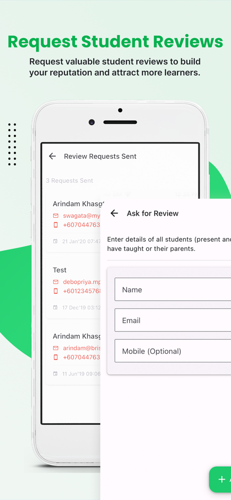 MyPrivateTutor Educator - Interface para tutores solicitarem avaliações de alunos no aplicativo MyPrivateTutor Educador.