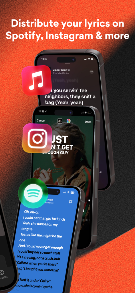 Musixmatch Pro - Smartphones displaying synced lyrics with Spotify Instagram and Apple Music logos