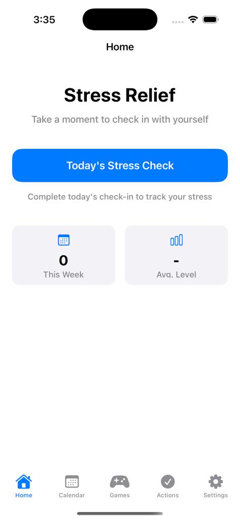 Home dashboard of the Stress Relief app showing the daily check-in button and stress tracking stats