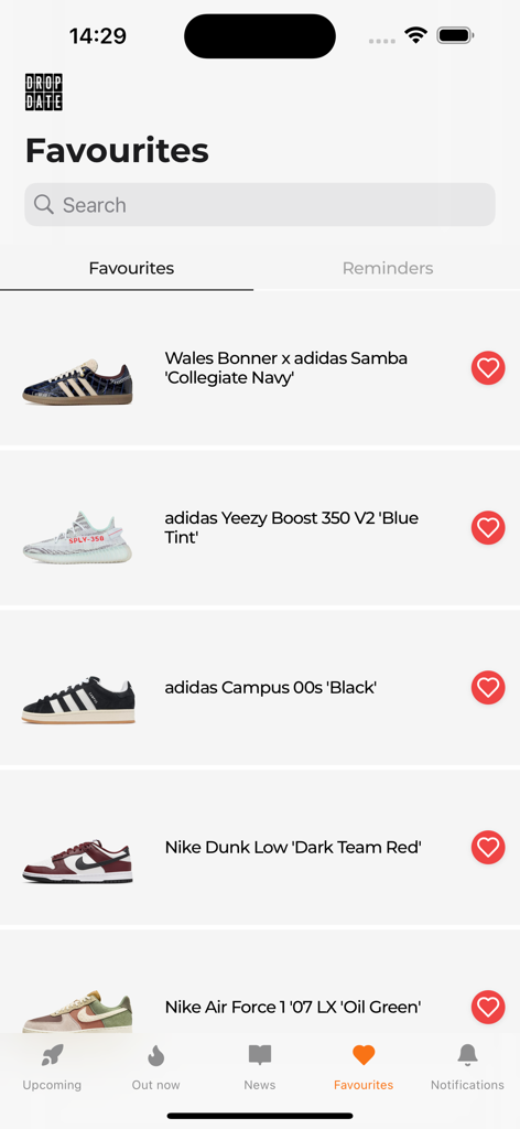 Uma lista de tênis favoritos no aplicativo The Drop Date, incluindo modelos adidas Samba e Nike Dunk Low