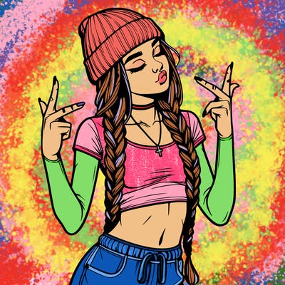 realistic teenage girl with braids and a beanie and crop top doing 🫶🏼