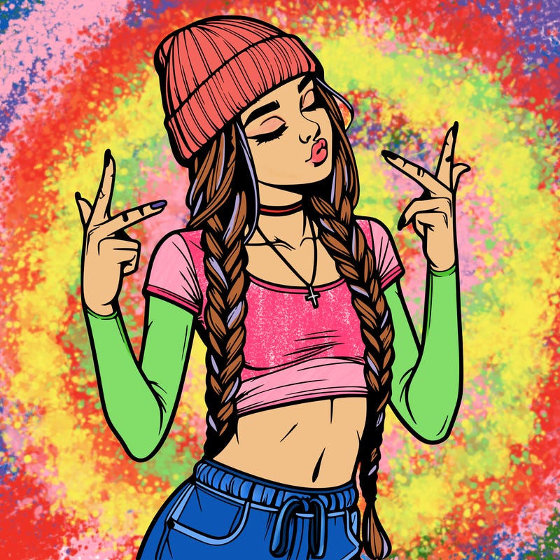 realistic teenage girl with braids and a beanie and crop top doing 🫶🏼