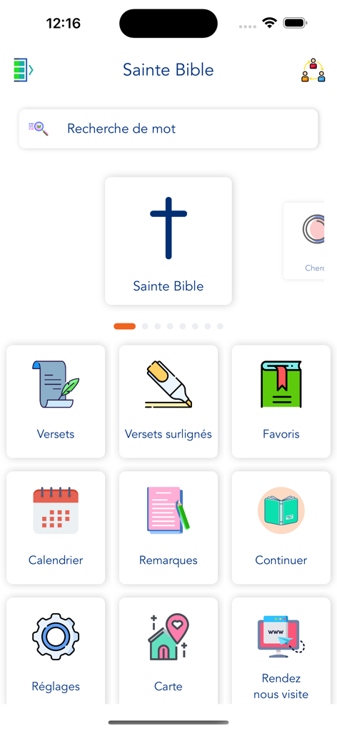 French Bible - Offline - Menú principal de la aplicación Biblia en Francés con iconos para versículos, marcadores y notas en francés.