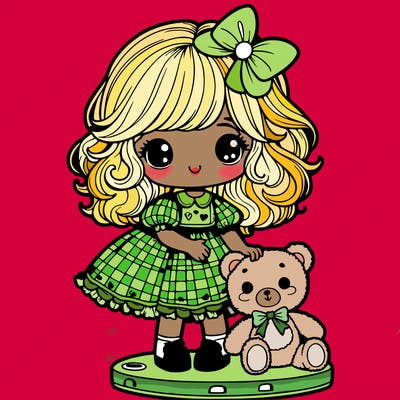 little girl with blonde fluffy hair,holding a teddy bear,with a dollhouse dress platform doll shes,with a doll bow