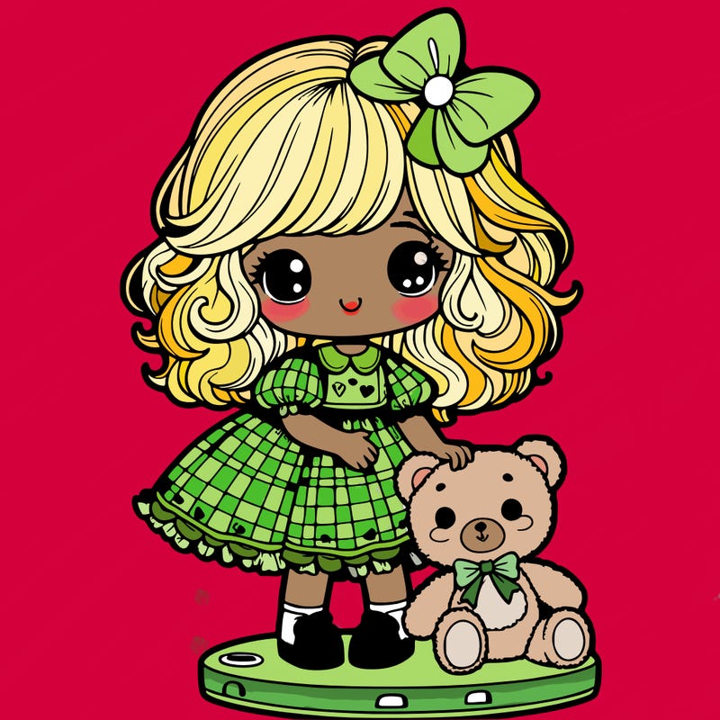 little girl with blonde fluffy hair,holding a teddy bear,with a dollhouse dress platform doll shes,with a doll bow