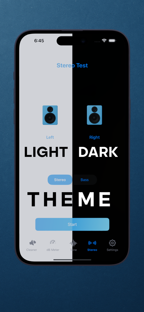 Remove Water From Phone App - Interface do app para teste de alto-falantes estéreo com visualização em modo claro e escuro
