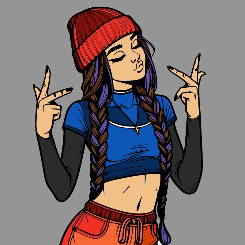 realistic teenage girl with braids and a beanie and crop top doing 🫶🏼