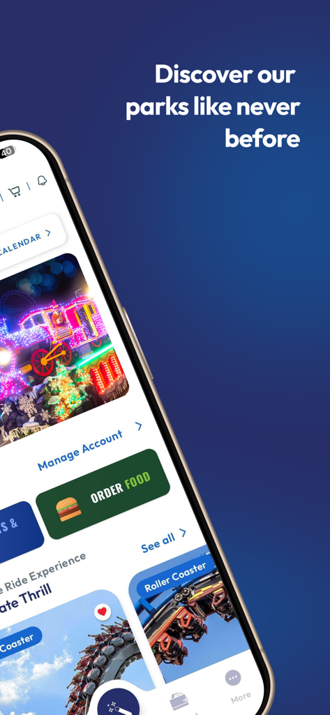 Six Flags mobile app home screen showing food ordering and park ride highlights