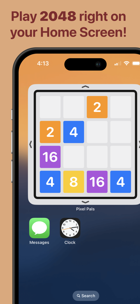 A 2048 puzzle game widget displayed on an iPhone home screen via the Pixel Pals app