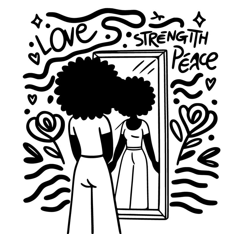 thinking with diversity in mind, a person standing in front of a mirror, with words like "love," "strength," and "peace" floating around them, with gentle waves of energy emanating from the words.