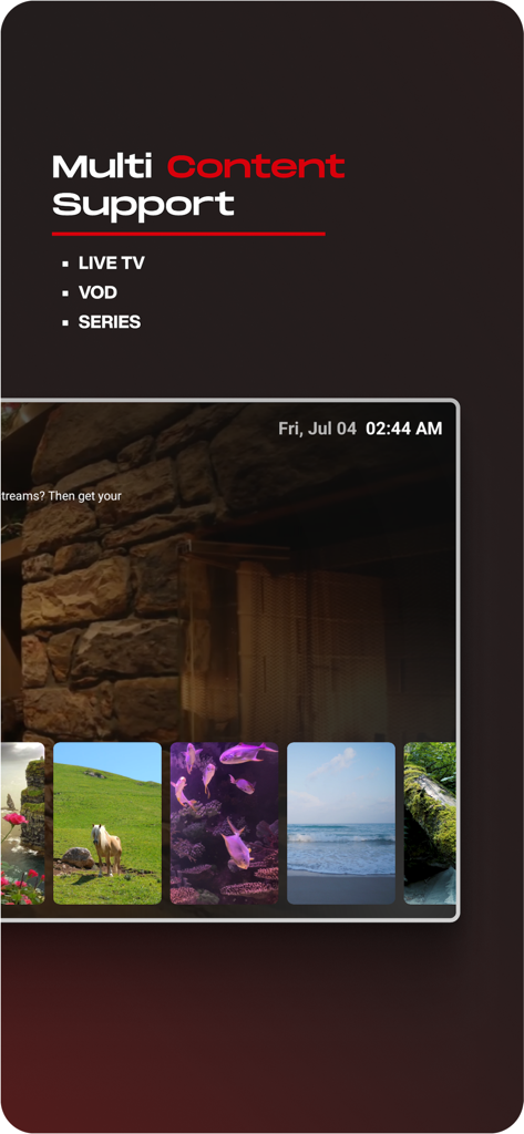 9Xtream 4K Player - IPTV Live - 9Xtream 4K Player-Oberfläche, die die Unterstützung für Live-TV, VOD und Serien zeigt